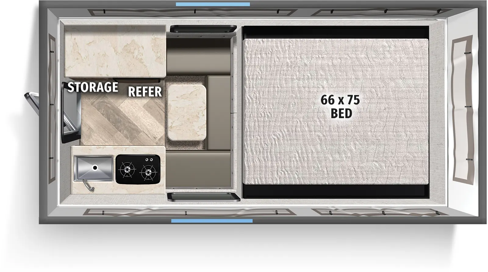 The Real Lite Truck Camper SS-1600 floorplan features include: 